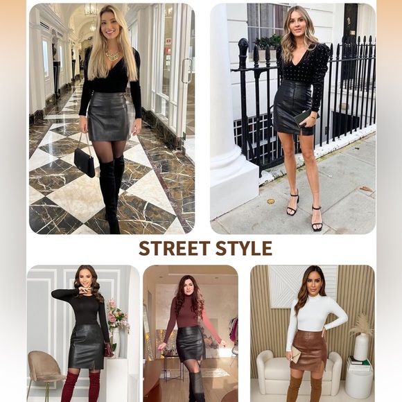 High Waist Bodycon Mini Short Faux Leather Skirt with Slit - Picture 5 of 12